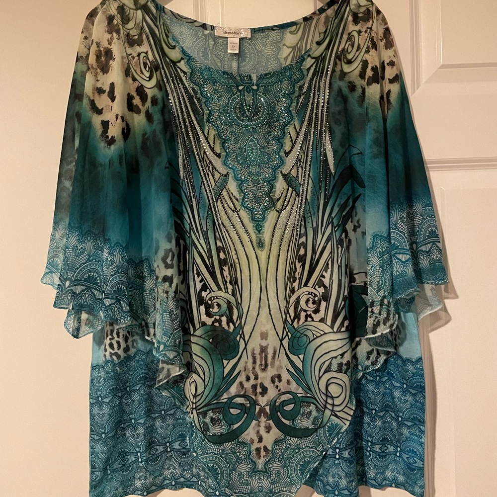 Dress Barn Blue Leopard Patterned Blouse 2X